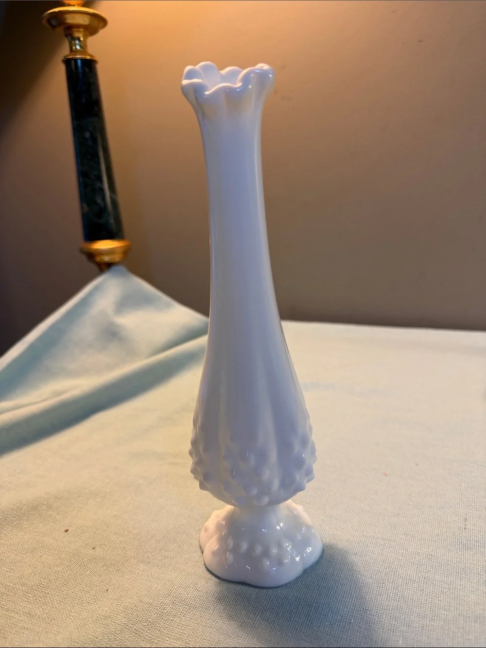 Vintage Fenton Milk Glass swung Vase Hobnail & Ruffled Top Classic Home accent